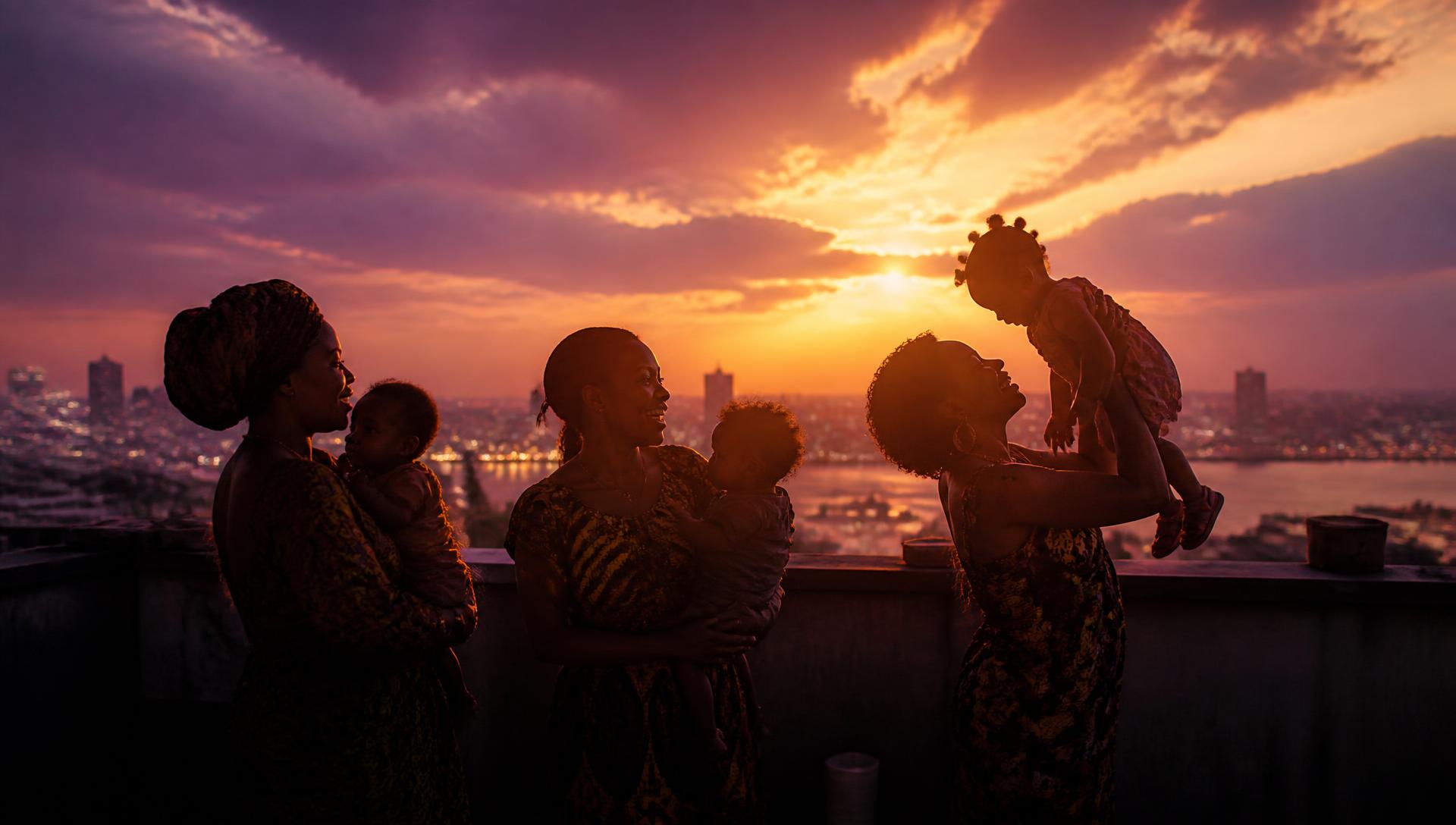 African mothers with their children silhouetted against a golden city sunset